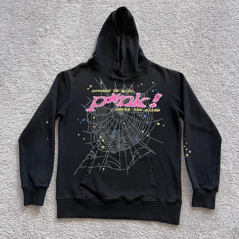 Sp5der Pink Spider Web Hoodie Mens Medium Black Graphic Pullover